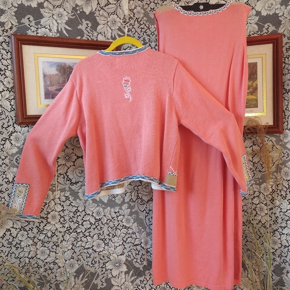 Storybook Knits orange beige coordinating knit dress cardigan beads embroidery - Picture 6 of 11